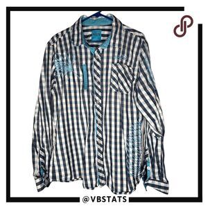 Born Fly Men's Plaid Embroidered Long Sleeve Button Up Shirt Blue White Size XL